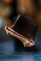 Oxidized broken copper profile, non-ferrous metal scrap, close-up of copper structure with industrial soft background