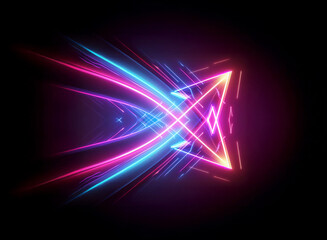Glowing neon arrow with pink, blue, and yellow lights streaks on a black background, representing motion and direction in a modern style.