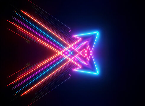 A vibrant neon arrow, glowing in blue, pink, orange, and red, points right against a dark background. The arrow has a futuristic, digital feel.