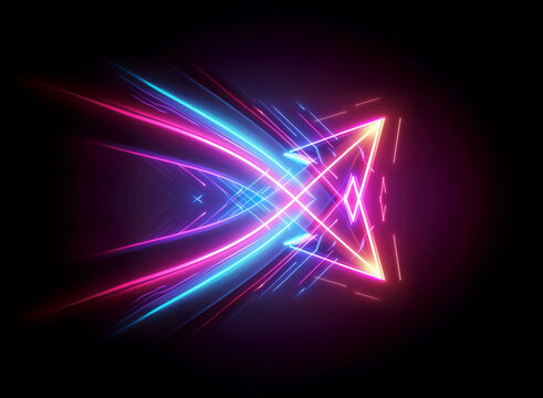Glowing neon arrow with pink, blue, and yellow lights streaks on a black background, representing motion and direction in a modern style.