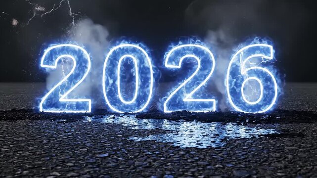 electrified 2026 numbers on wet asphalt, blue lightning strikes illuminate glowing neon digits while sparks and embers scatter across reflective puddles, smoky mist rises as countdown energy builds.