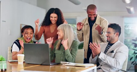 Applause, laptop and business people in office for promotion, success and support with smile. Teamwork, corporate and excited men and women clapping hands for celebration, collaboration and well done - Powered by Adobe