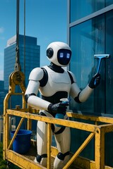Photo of humanoid robot cleaning windows on a suspended platform of a high-rise building, holding a squeegee and spray bottle, with skyscrapers and crane in the background, promoting smart urban