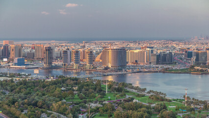 Obraz premium View of new modern buildings in luxury Dubai city, United Arab Emirates Timelapse Aerial