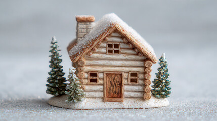 Cozy miniature log cabin with snow dusted trees