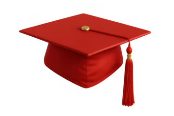 Red graduation cap with gold button and tassel, symbolizing academic achievement, university success, and commencement ceremony