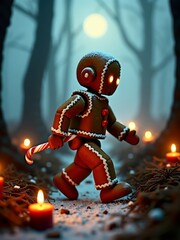 Gingerbread automaton walking in winter forest at night