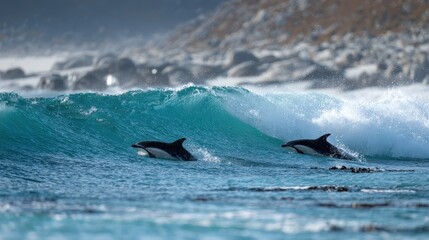 Fototapeta premium Saunders Island Falkland Islands Commerson s dolphins surf the waves