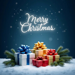 Festive christmas gifts with merry christmas neon sign and snowfall