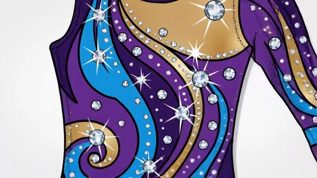 Vibrant Rhythmic Gymnastics Leotard with Sparkling Rhinestones and Swirling Patterns.