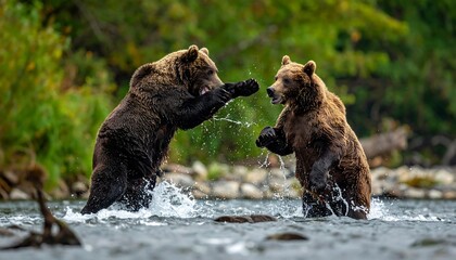 Two large brown bears engaged in a fierce fight in a river, splashing water with dramatic poses, framed by foliage