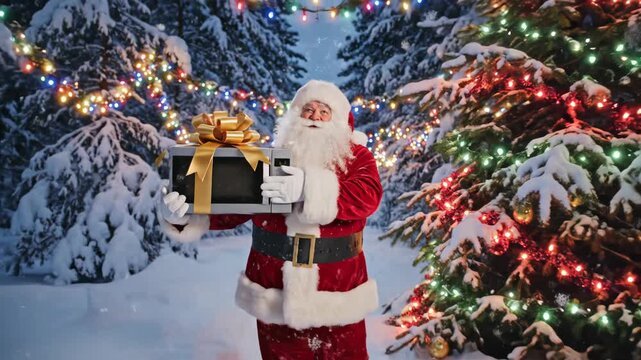 white santa holding wrapped gift in snow-laden forest under multicolored string lights, cheerful expression and cinematic nighttime glow, pine trees dusted with fresh snow, holiday magic outdoors.