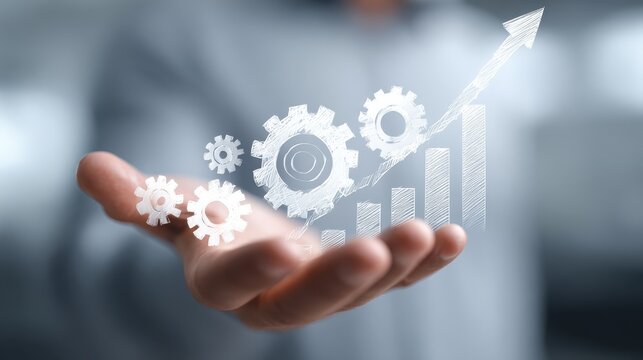 businessman presenting financial growth strategy and business development roadmap with gears and arrow charts in a modern abstract presentation concept
