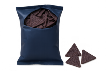 Blue corn tortilla chips packaging mock-up with crisps showing, raw snack food on transparent background