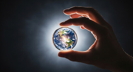 Human hand holding a glowing miniature earth planet with continents and oceans illuminated against a dark background