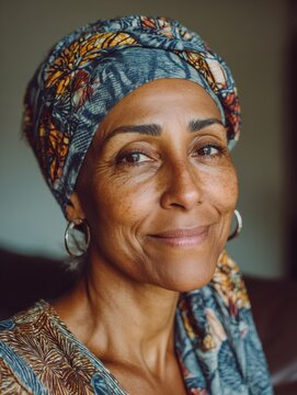portrait of smiling middle aged african american woman with headscarf at home mid adult black woman with turban looking at camera happy mid mature lady wearing traditional african scarf on head no lo