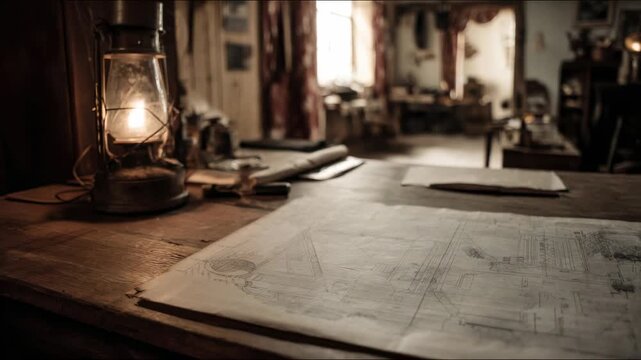 Exploring an old workshop with plans scattered on the desk and a lantern casting a warm light in the background