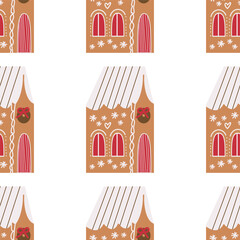 vector illustration of a decorated gingerbread house with icing and candy details. Perfect for Christmas cards, holiday prints, posters, invitations, and winter design projects. 