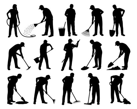 Collection of silhouettes of people gardening and doing yard work