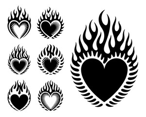 Fototapeta premium Collection of black flaming heart tattoos and icons