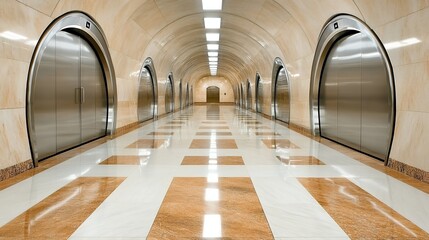 Bright Perspective View of a Long Corridor with Multiple Stainless Steel Elevator Doors
