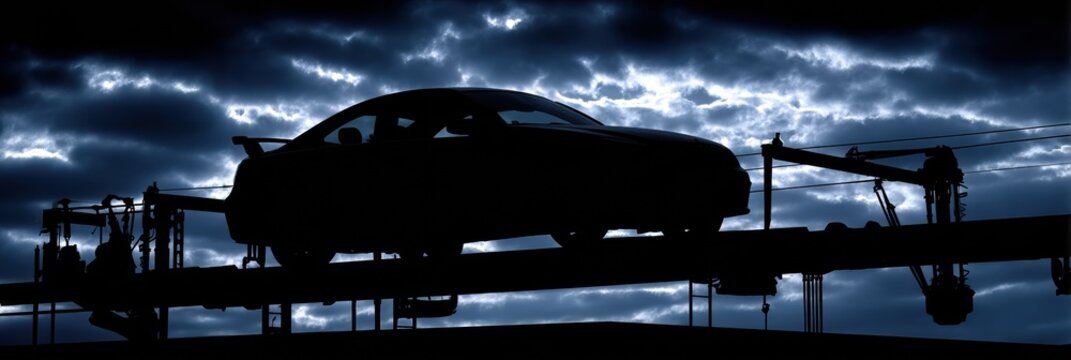 Floating Tools Orbit Above a Car Silhouette in a Modern Maintenance Setting Under Dramatic Clouds