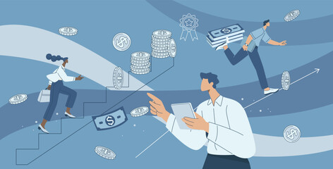 Man and woman working with focus on finance, cash and coins, wealth, investment, and financial literacy.