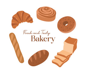 Illustrations of a variety of fresh, delicious breads (croissants, cinnamon rolls, bagels, loaves, baguettes, rye bread). Ideal for cafe menus, food blogs, and bakery branding.