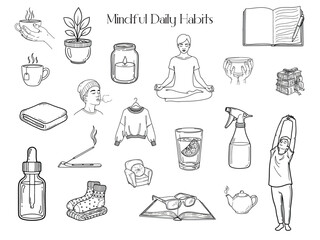 Mindful Daily Habits - Hand-Drawn Icons for Wellness and Routine.