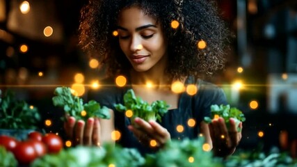 Woman lovingly inspecting vibrant greens