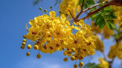 Stunning Cassia fistula tree adorned with yellow flowers against the sky