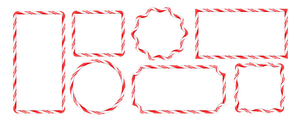 Set of Christmas candy cane figure frames with red and white stripes. Drawing of striped Christmas candy canes . New Year template with space for text .Vector illustration isolated on white background