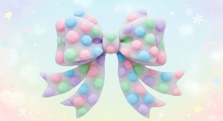 Soft pastel polka dot bow with fuzzy texture, gentle ribbon accessory on dreamy winter background, festive decorative design element