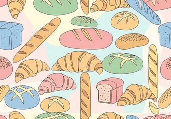 Whimsical bakery assortment pattern with pastel colored breads and croissants