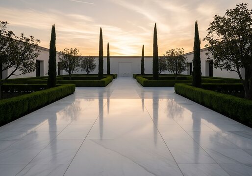 Serene formal garden with symmetrical design at sunset, reflection view