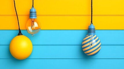 Bright Yellow and Blue Lightbulbs and Sphere Hanging on Wood Background