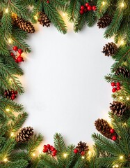 avide&ntilde;o hiperrealista con ramas de pino frescas, bayas rojas brillantes, pi&ntilde;as naturales y luces LED c&aacute;lidas y delicadas. 