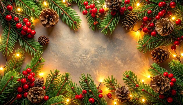 avide&ntilde;o hiperrealista con ramas de pino frescas, bayas rojas brillantes, pi&ntilde;as naturales y luces LED c&aacute;lidas y delicadas. 
