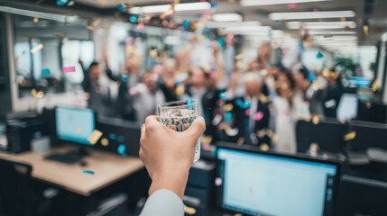 Obraz premium Celebration of achievement in a modern office setting capturing positive energy and teamwork amidst confetti as colleagues toast with glasses of water captured with clarity