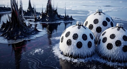 Spooky Gothic Christmas Ornaments with Polka Dots on Surreal Icy Background, Holiday Decorations, Winter Theme