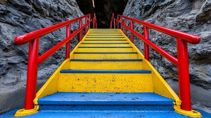 Bright Yellow and Blue Metal Stairs Leading into Dark Rock Crevice