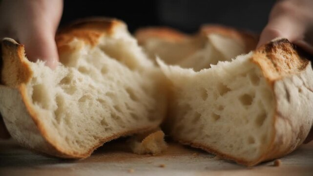 Hands breaking a fresh crusty loaf of artisan bread.