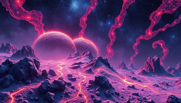 Vibrant alien planet landscape with glowing lava rivers and cosmic nebulae under a starry sky