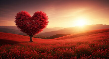 Dreamy landscape with a vibrant red heart shaped tree under a warm sunset embracing love