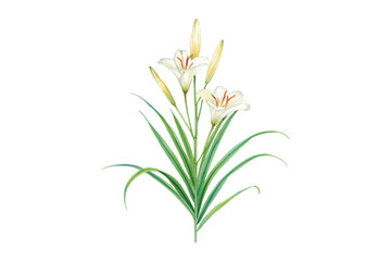 Fototapeta premium Elegant white lilies illustration. Features delicate watercolor flowers and foliage. Perfect for botanical designs and artistic projects.