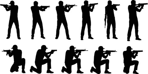 Rifle shooting silhouettes, tactical stances illustration, black design, standing and kneeling poses, combat training, firearm handling, military concept, shooter icons