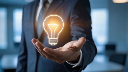 光り輝く電球を手のひらに浮かべるビジネスマンが示す革新とひらめきの象徴 - Powered by Adobe
