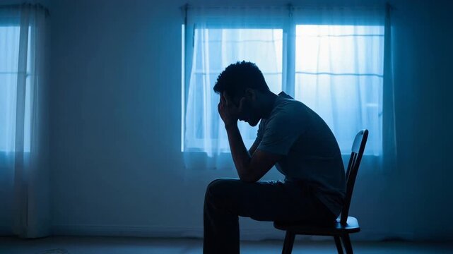 暗い青の背景で頭を抱える人物が深い思索と孤独感を表現する感情的な瞬間