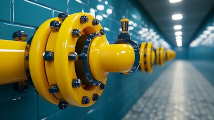 Bright Yellow Gas Pipeline Valve on Teal Tiled Wall