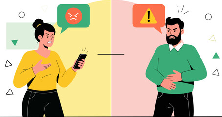 Angry Couple Arguing Online Through Phones Relationship Conflict Mobile Communication Modern Dilemmas Digital Age